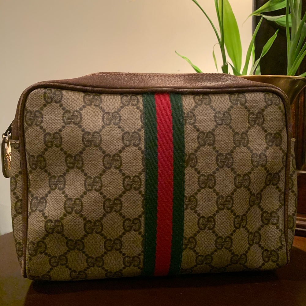 AUTH Gucci Sherry Brown Monogram GG Pouch Bag